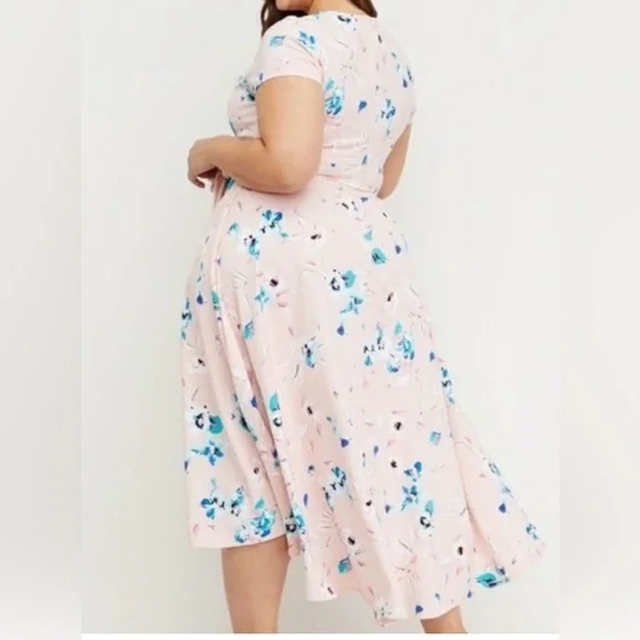 Lane Bryant Light Pink Floral Short Sleeve Dress size 16 tie waist - Picture 2 of 10